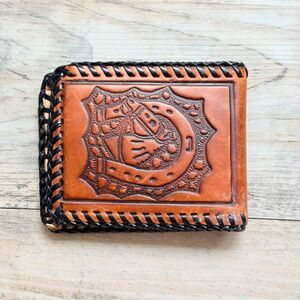 Vintage Tooled Leather Horseshoe Eagle Bifold Wallet Western Cowboy Handmade